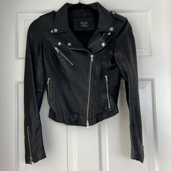 Zara authentic leather cropped jacket Motorcycle fitted moto xs - Picture 1 of 7